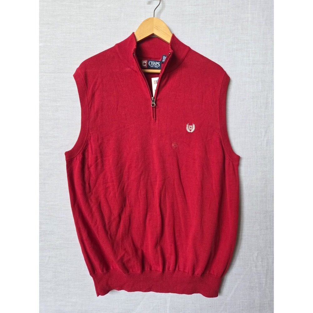 Chaps Sweater Vest Mens Lg Red Sleeveless Cotton Pullover 1/4 Zip Mock Neck NWT